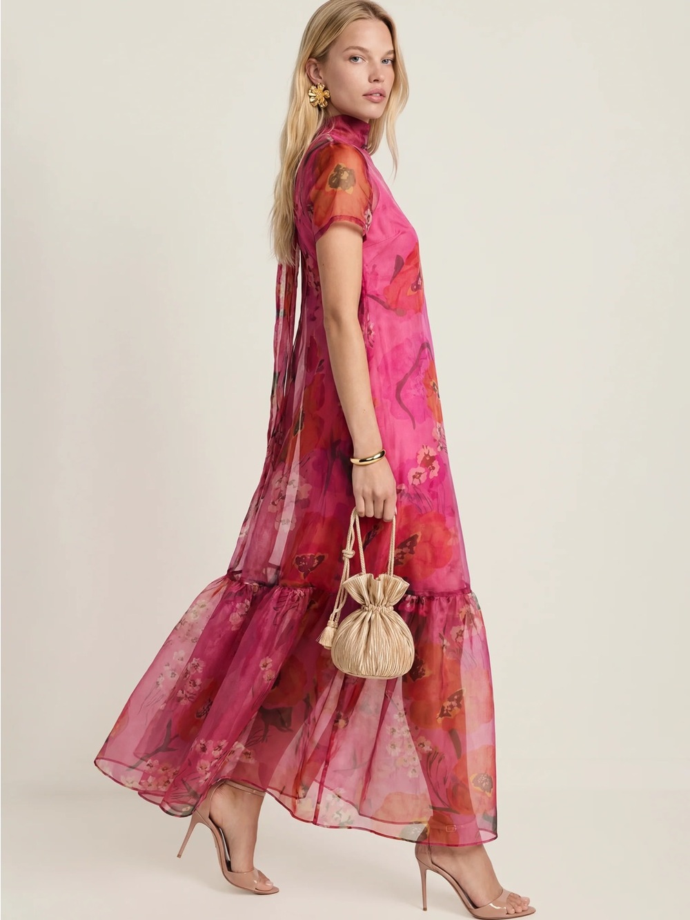 STAUD Calluna Magenta Painted Floral Print Organza Tie Back Maxi Gown Dress Sz L